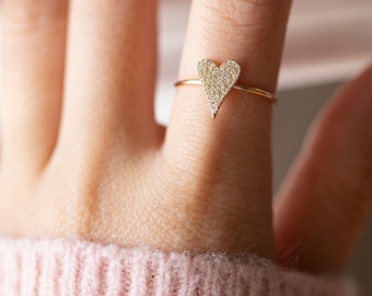 14k Small Pave Heart Diamond ring // Genuine diamond hear ring