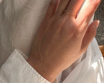 14k Solid Gold Hand Chain Bracelets / 14k hand chain ring bracelet