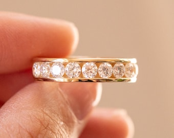 14K Gold Diamond Channel Set Ring, 10 Diamond Band, Round Lab Grown Diamond Ring, Solid Gold Wedding Band, Stacking Ring, Anniversary Gift