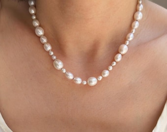 Freshwater Pearl Necklace on Grey Silk Thread, Hand Threaded Pearl Necklace, Natural Pearl Strand, Minimalist Pearl Jewelry