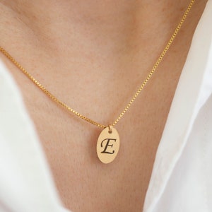 Engraved Oval Tag Necklace / Gold Filled Tag Charm / Custom Initial Necklace / Gift for her for Her image 1