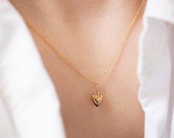 Gold heart necklace / 3D Mini Puffy heart necklace