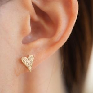 14k Small Pave Diamond Heart Earrings  / Genuine diamond hear earrings / Gift for her / Valentine&#39;s day gift