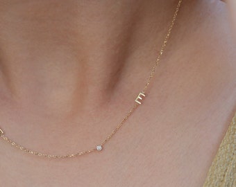 14k gold letter necklace with small diamond / Personalized Sideway Initial necklace with bezel diamond. Gift for Her