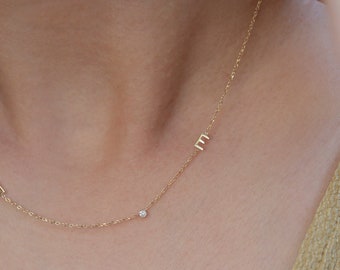 14k gold letter necklace with small diamond / Personalized Sideway Initial necklace with bezel diamond. Gift for Her Mother&#39;s Day Gift
