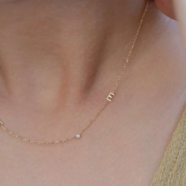 14k gold letter necklace with small diamond / Personalized Sideway Initial necklace with bezel diamond. Gift for Her