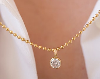 Gold ball chain diamond pendant necklace / Gold filled bead chain / Round bezel diamond pendant Christmas Gift for Her