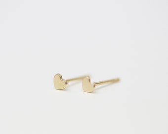 14K Gold Mini heart earrings | Simple everyday stud earring small heart stud earrings cute solid gold earring gift • Gift for Her