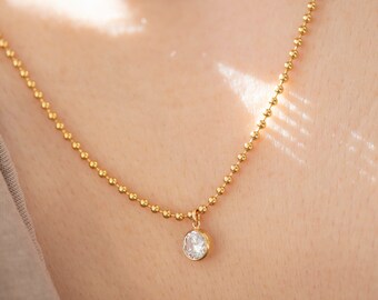 Gold ball chain diamond pendant necklace / Gold filled bead chain / Round bezel diamond pendant