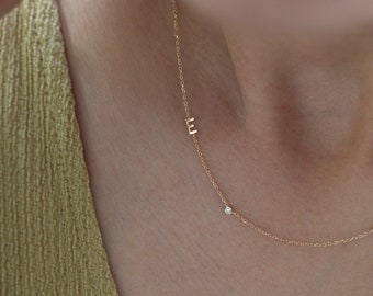 Mother's Day gift for her // Kids Initial necklace with diamond solitaire