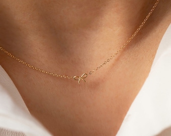 14k Gold Dainty Bow Necklace / Tiny Bow Necklace / Mini Ribbon Bow necklace in solid gold / coquette style jewelry / Mother's day gift