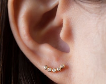 14k Solid Gold Crescent Moon Climbers wtih cz diamonds • Moon Earrings • Simple gold Studs | 14K Yellow Gold CZ Crescent Moon Stud Earrings