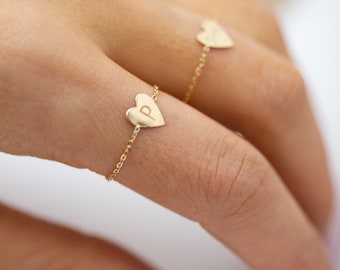 Little Heart Chain Ring | 14k gold Personalized heart chain ring | Dainty 14k gold Heart chain ring  14k solid gold • Gift for her