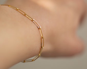 14k Solid Gold Paper Clip Bracelet / Gold chain bracelet