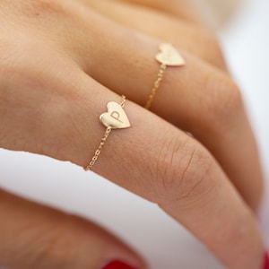 Little Heart Chain Ring | 14k gold Personalized heart chain ring | Dainty 14k gold Heart chain ring  14k solid gold • Gift for her