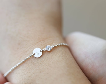 Personalized Initial Disc Bracelet with CZ Charm / Personalized Holiday gift / Bridesmaid gift / Christmas gift / Friendship Bracelet