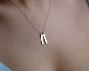 Vertical Bar Mini Tag Necklace.Personalized Initial, Coordinate Wedding date Necklace. Custom engraving necklace Gift for Her