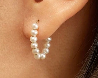 14k gold Freshwater Pearl Strand Earrings | Fresh water Pearl Drop Earrings | Freshwater pearl hoop earrings| Bridal earrings