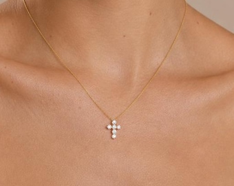 14K Gold Diamond Cross Necklace | Genuine Diamond Bubble Cross Pendant | Dainty Diamond Cross | White or Yellow Gold
