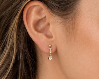 14k yellow gold graduated diamond drop tear-drop earrings