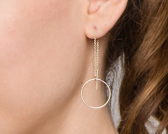 Halo Ear Thread Earrings // Round Circle Hoop Ear Thread //Threader earrings, Large gold statement hoops // Perfect Gift for Her