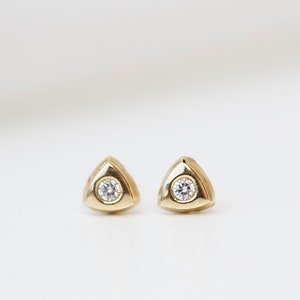 14K Triangle Stud Earrings with CZ diamond accent / Triangle button Earrings in 14K solid Gold / 14K Solid gold studs Perfect Gift for her image 2