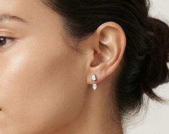 14K Gold Pear Diamond Earrings, Lab Diamond Ear Jacket, Double Pear Stud Set, Two Diamond Illusion Earring, Yellow or White Gold