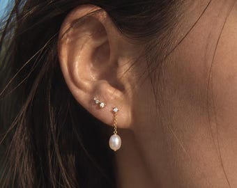 14k Gold Pearl Drop Earrings | White Sapphire Dangle Earrings