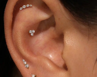 14k Gold Double Diamond dangle Ear Stud for Cartilage with flat back |  18G Tiny Minimalist Stud Earring Tragus Helix Cartilage Conch