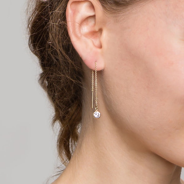 CZ Ear Thread Earrings // Dangling Diamond Ear Thread // Threader earrings, gold statement hoops // Perfect Gift for Her