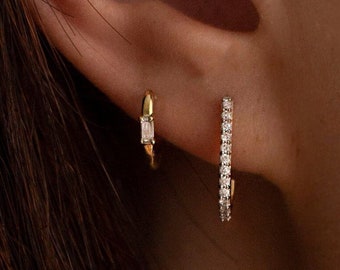 Petite Gold Baguette Diamond Huggie Hoop Earrings / Mini hoop Earrings / Small diamond huggies