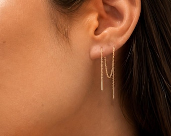 14K Gold Threader Earrings, Long Chain Drop Earrings, Minimalist Gold Bar Earrings, Solid Gold Dangle Earrings, Modern Everyday Jewelry