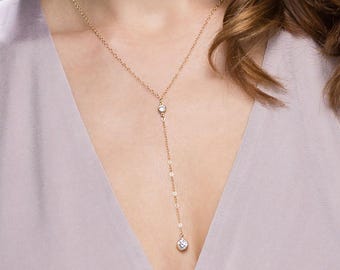 CZ Diamond Lariat Necklace / Elegant Y Lariat Necklace in gold filled and sterling silver / Diamond Y necklaces / dainty jewelry for her