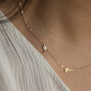 14K Gold Cursive Initial necklace / Sideway Initial necklace / Personalized Asymmetrical 14k solid gold initials necklace