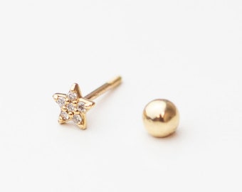 14k Solid Mini diamond star stud earring with ball screw backing // Comfort genuine diamond earrings