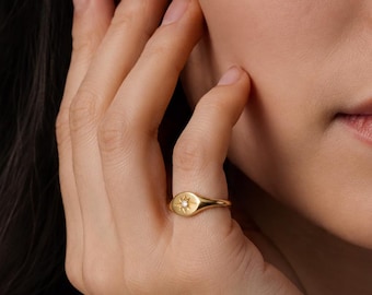 14K Gold Star Signet Ring | Natural Diamond Signet Ring | Starburst Pinky Ring | Dainty Gold Ring | 0.02ct Diamond | Minimalist Jewelry