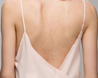 Mini Pearls Back Necklace // Wedding Dress Bridal Jewelry for Low Back wedding Dress, Gold or Sterling silver Back Necklace