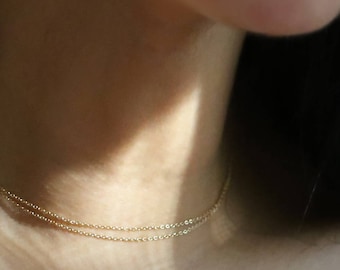 14k Solid Gold Double Strand Necklace: Dainty Layering Chain