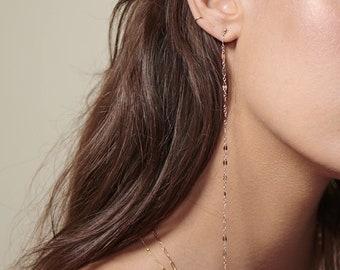 Double shinny chain hang earrings / long earrings / gold stud earrings with chain drops / dainty drop earrings / Minimalist jewelry