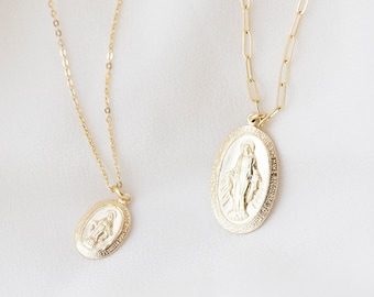 14K solid gold Virgin Mary Necklace/ Catholic Necklaces Virgin Mary disc necklace Religious Pendant Charm necklace Mother's day Gift for Her