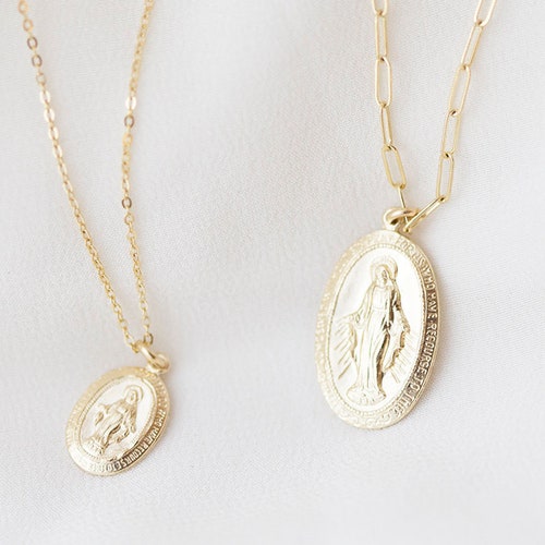 14K Solid Gold Virgin Mary Necklace 