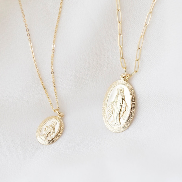 14K solid gold Virgin Mary Necklace/ Catholic Necklaces Virgin Mary disc necklace Religious Pendant Charm necklace Mother's day Gift for Her