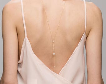 Wedding Dress Back Necklace with 3 Pearls // Wedding gown back necklace // Bridal jewelry for low back wedding dress