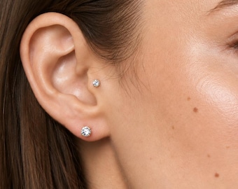 14K Gold Lab Diamond Flat Back Earring, Tragus Piercing, Cartilage Stud, Helix Earring, Round Diamond Stud, 2mm 3mm 4mm
