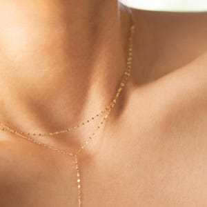 14K Gold Layered Lariat Necklace Set: Dainty Y Drop Choker