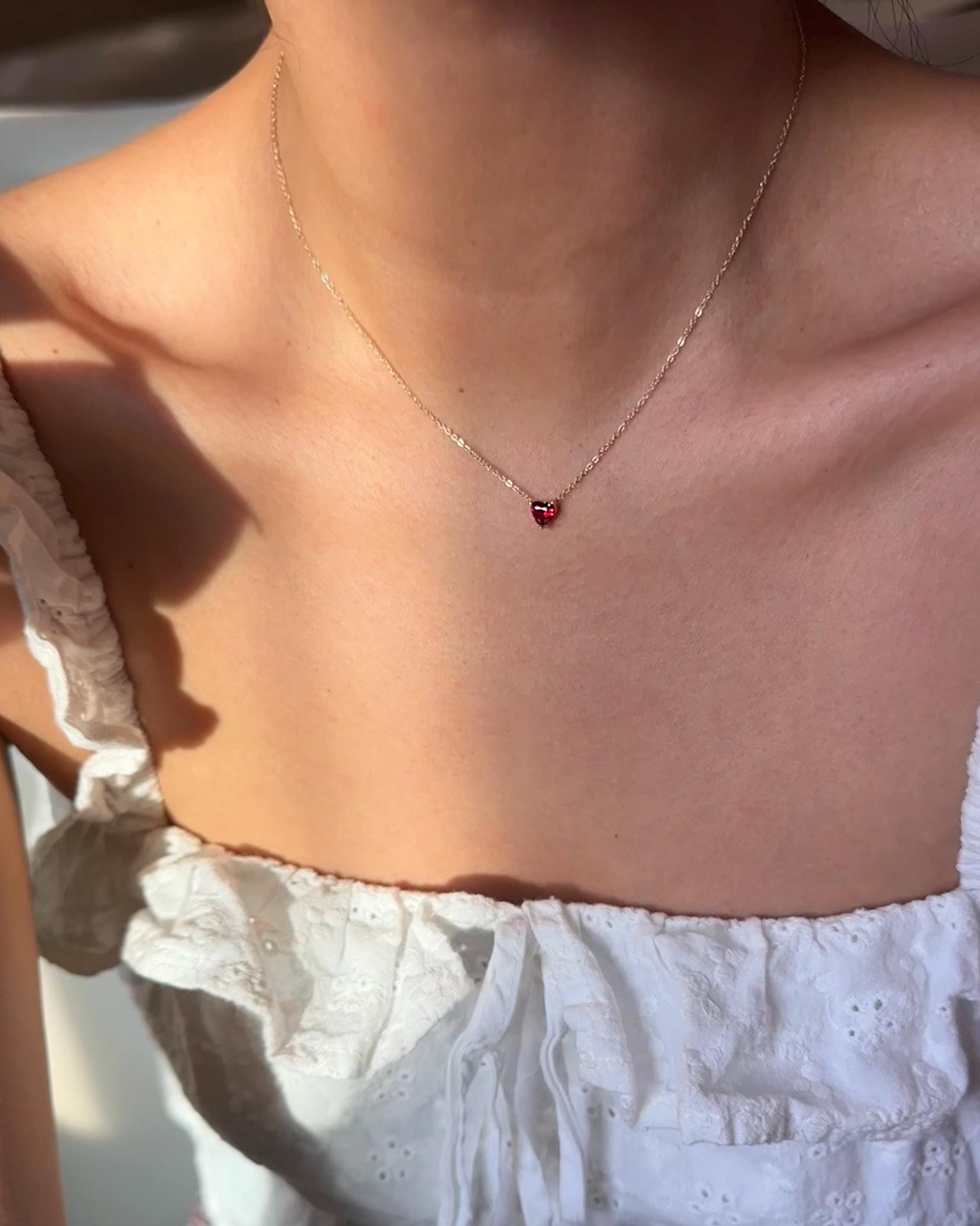 Red Heart necklace - 14k Gold Heart Shaped Garnet Necklace Love Necklace, Birthday Valentines Day Gift January birthstone