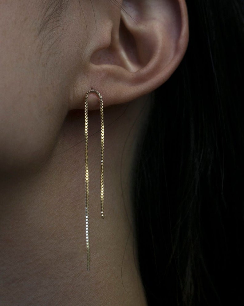 Box chain stud earrings Long gold drop earrings Long Box chain Earrings U shaped earrings