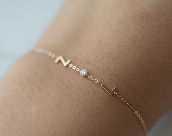 14k letter bracelet with small genuine diamond bezel | Personalized diamond Bracelet  • Gift for Her • Mother's Day gift