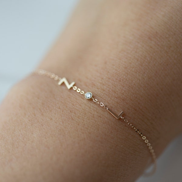 14k letter bracelet with small genuine diamond bezel | Personalized diamond Bracelet  • Gift for Her • Mother's Day gift