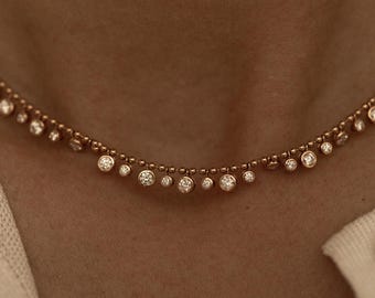 14K Gold Diamond Shaker Necklace, Bezel Set Diamond Fringe Necklace, 1.3 CTW Diamond Necklace, Dainty Diamond Necklace